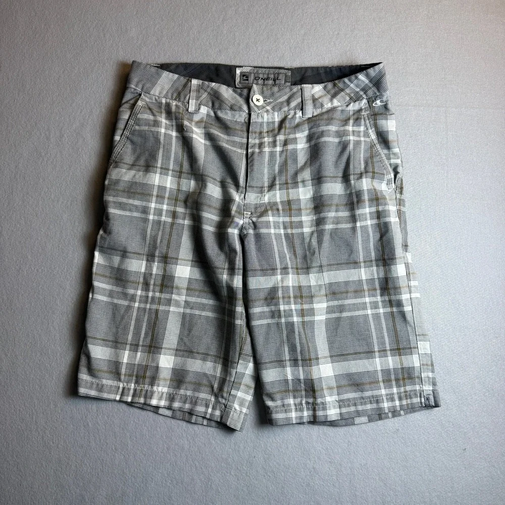 O'Neill Mens Plaid Walk Shorts‎ Grey White Size 32 Casual Surf Flat Front